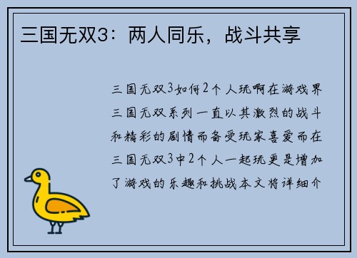 三国无双3：两人同乐，战斗共享
