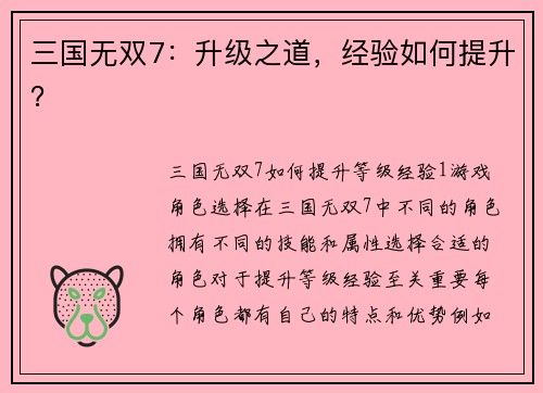 三国无双7：升级之道，经验如何提升？
